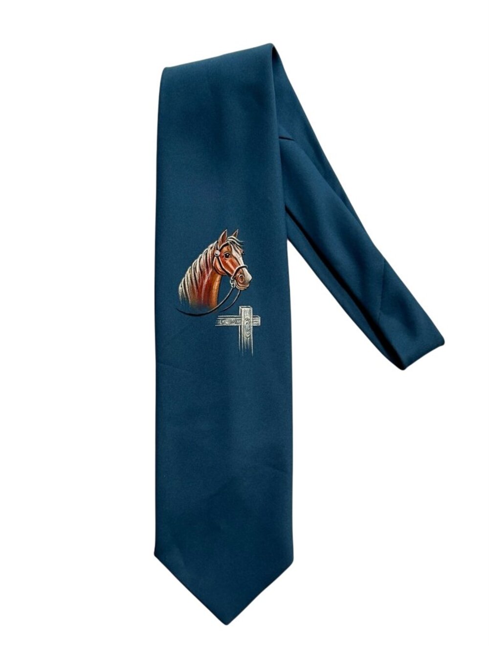 Vintage 1971 Beau Brummell Hand-Painted Tie w/Horse Motif - Teal Blue